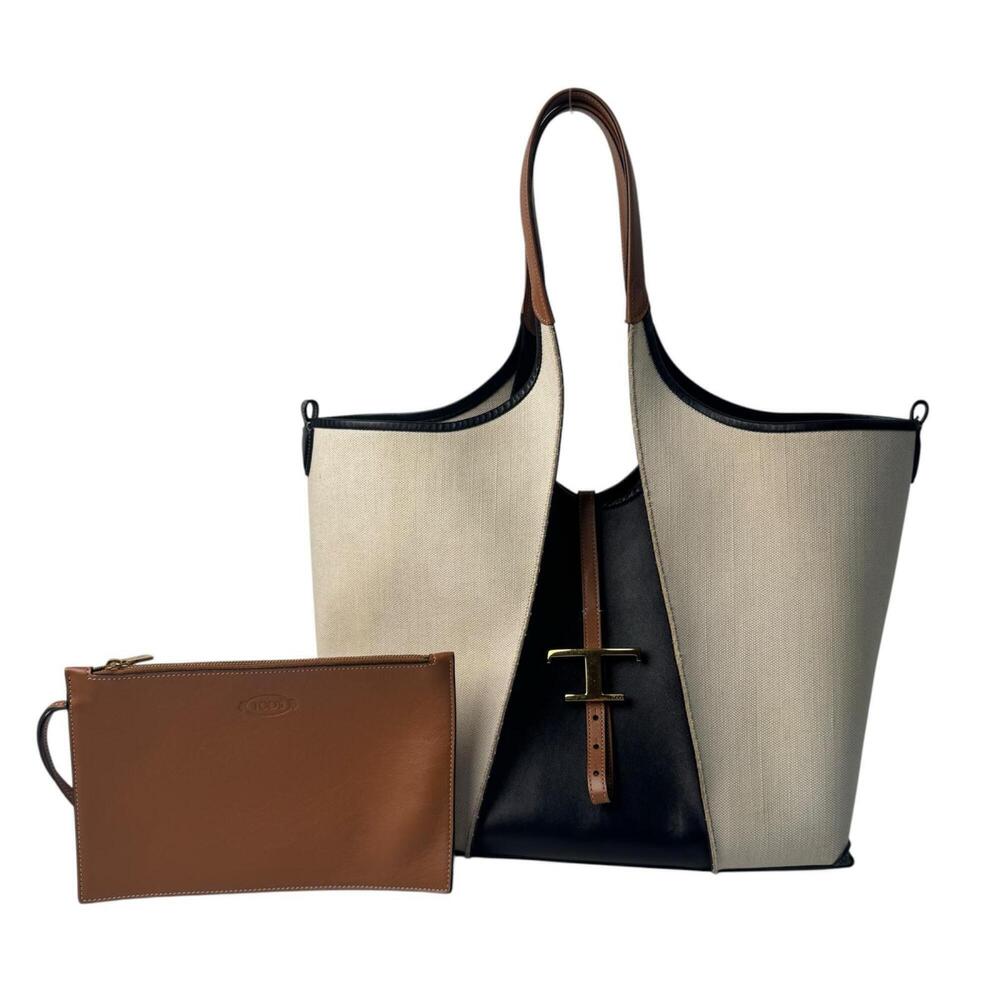 Tod's T-Timeless Shopping Bag, Leather & Canvas Tote Bag with Pouch, Women's